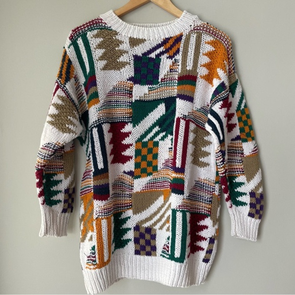 Vintage 80s Handmade Handknit Multicolor Crewneck Sweater Ramie Cotton